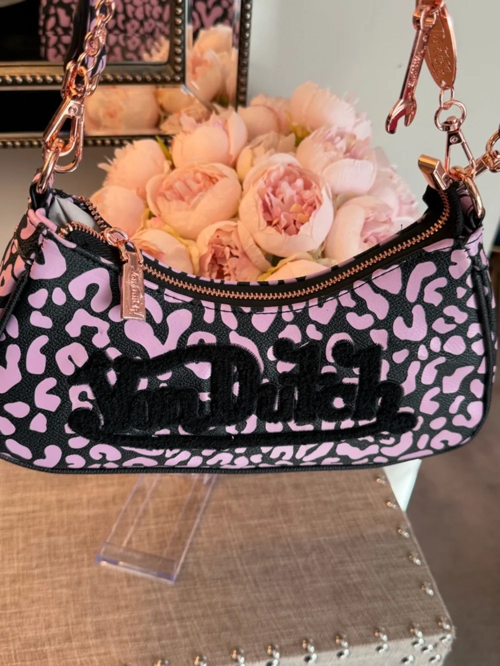 Von Dutch NWT Pink Leopard-Print Shoulder Bag with Rose Gold Chain - Picture 3 of 8